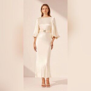 Shona Joy la lune balloon sleeve midi dress with belt - cream